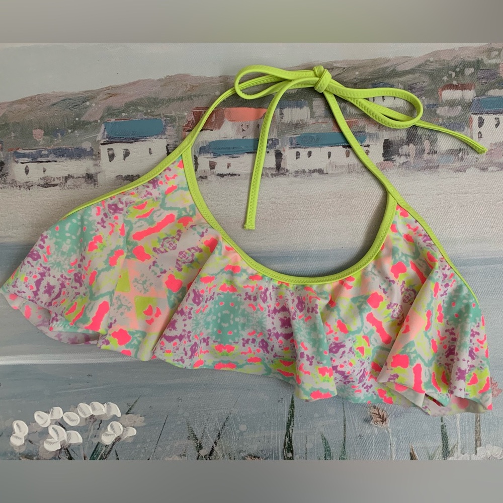 Victoria’s Secret Y2K Multicolour Print Ruffle Flounce Halter Bikini Swim Top